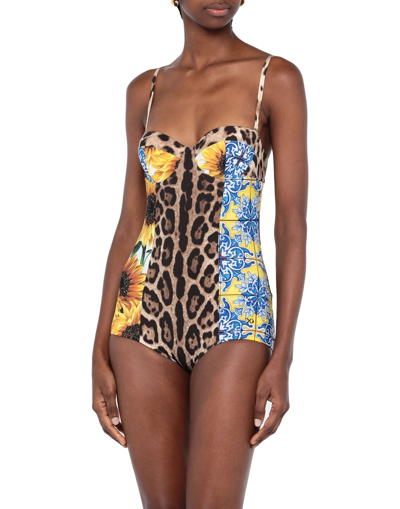 Dolce & Gabbana Patchwork Print Balconette One-piece Swimsuit In Brown,yellow,blue