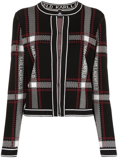 Karl Lagerfeld Check-pattern Knit Cardigan In Black