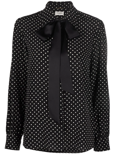 Saint Laurent Polka Dot Pussy-bow Blouse In Black