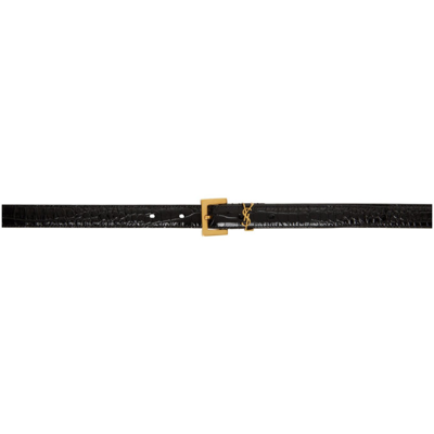 Saint Laurent Cassandre Embellished Croc-effect Leather Belt In Black