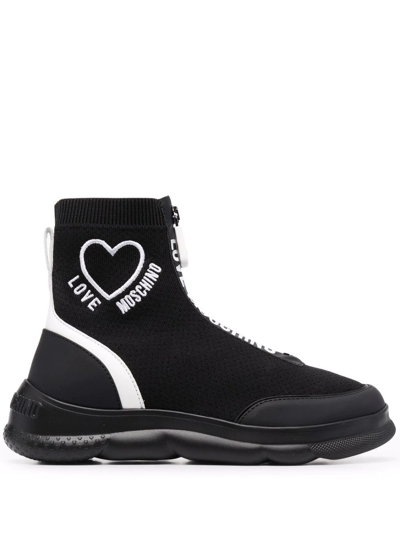 Love Moschino Logo印花针织袜式高帮运动鞋 In Black