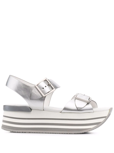 Hogan Maxi H222 Sandals In Silver Leather In Grey
