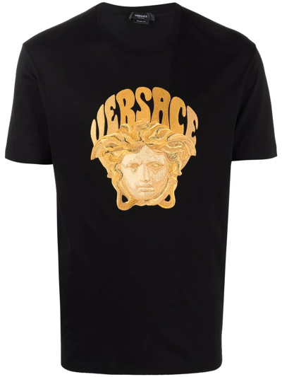 Versace Medusa Embroidery Cotton Jersey T-shirt In Black