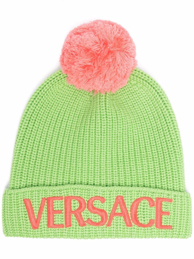 Versace Logo刺绣针织套头帽 In Green