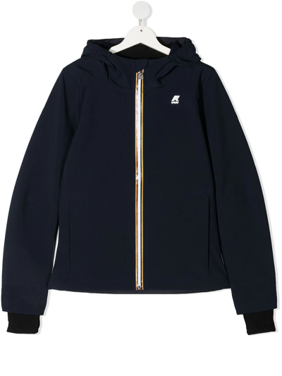 K-way Kids' Zip-up Logo Patch Hooded Jacket In Blue