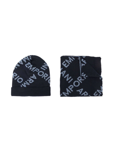 Emporio Armani Kids' Logo-print Knitted Hat Set In Blue