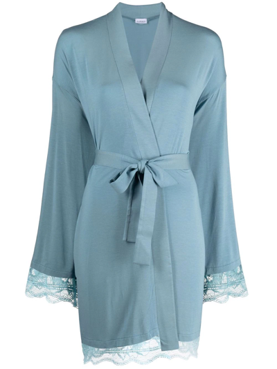 La Perla Lace-trim Dressing Gown In Blue