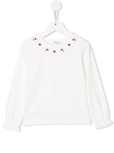 Siola Kids' Floral-embroidery Long-sleeve T-shirt In White