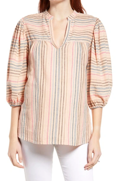 Maternal America N Stripe Puff Sleeve Maternity Blouse In Peach/ Navy Stripe