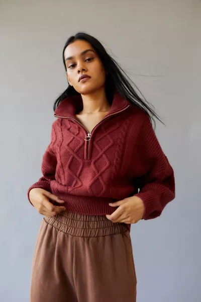 Urban Outfitters Uo Lizzie Cable Knit Half-zip Sweater In Brown