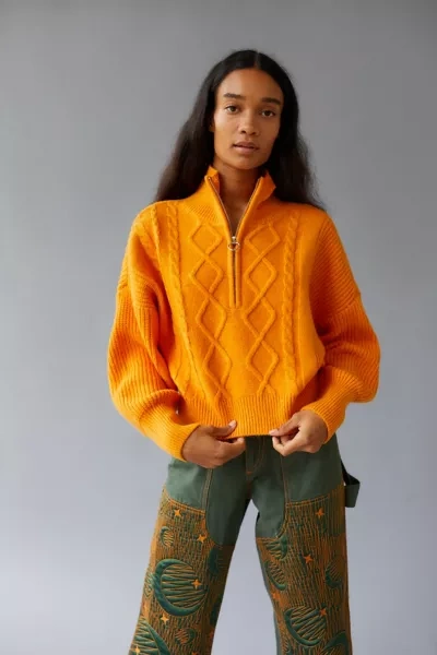 Urban Outfitters Uo Lizzie Cable Knit Half-zip Sweater In Bright Orange