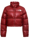 The North Face Red Cropped Nylon Down Jacket With Logo Print In Red
