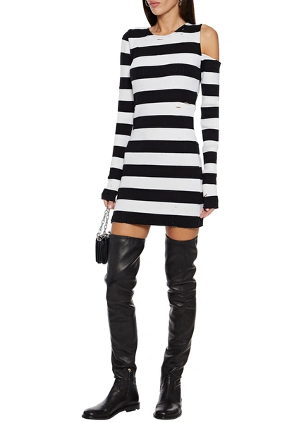 Amiri Cutout Distressed Striped Ribbed Cotton And Cashmere-blend Mini Dress In Black
