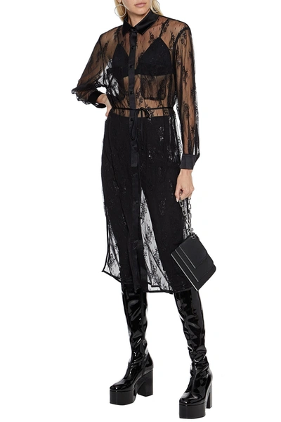 Amiri Belted Metallic Wool-blend Lace Midi Shirt Dress In Black