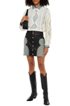 AMIRI DENIM-PANELED STUDDED LEATHER MINI SKIRT,3074457345627565230