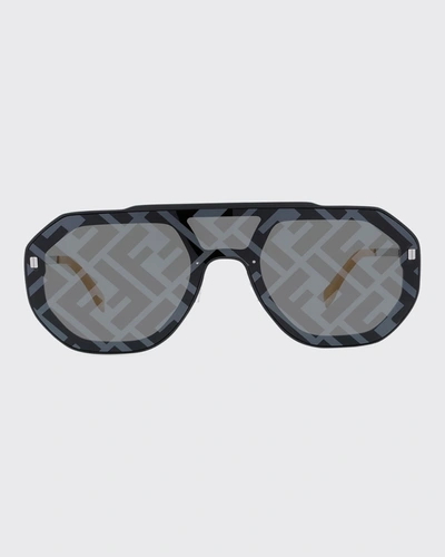 Fendi Men's Logo Acetate Shield Sunglasses In 02c Matte Black