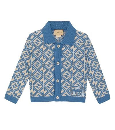 Gucci Baby Cotton And Wool Jacquard Cardigan In Summery Avio/ivory