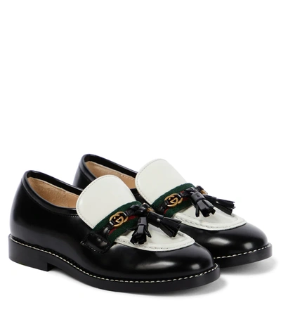 Gucci Kids' Black & White Web Loafers In Back