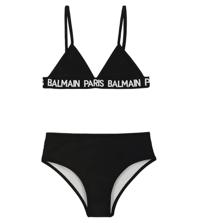 Balmain Kids' Logo-tape Triangle Cup Bikini Set In Black