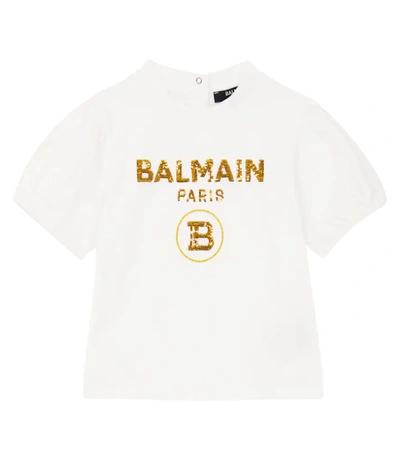 Balmain Baby Logo Cotton-jersey T-shirt In Bianco/oro