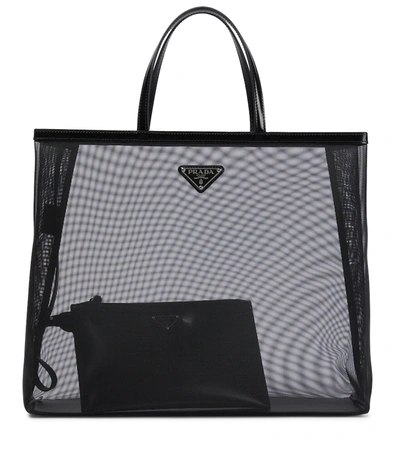 Prada Large Leather-trimmed Mesh Tote In Nero