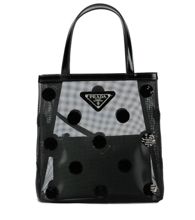 Prada Small Leather-trimmed Mesh Tote In Nero