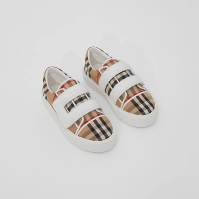 Burberry Childrens Vintage Check Cotton And Leather Sneakers In Archive Beige