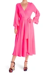 Meghan La Lilypad Surplice Long Sleeve Wrap Midi Dress In Neon Pink