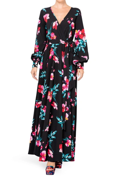 Meghan La Lilypad Floral Print Puff Sleeve Maxi Dress In Orchid Black Combo