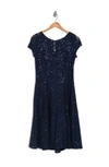 Sl Fashions Cap Sleeve Metallic Lace Dress In Navy