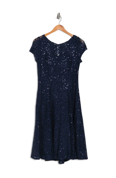 Sl Fashions Cap Sleeve Metallic Lace Dress In Navy