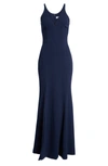 Dress The Population Iris Plunging Crepe Gown In Midnight Blue