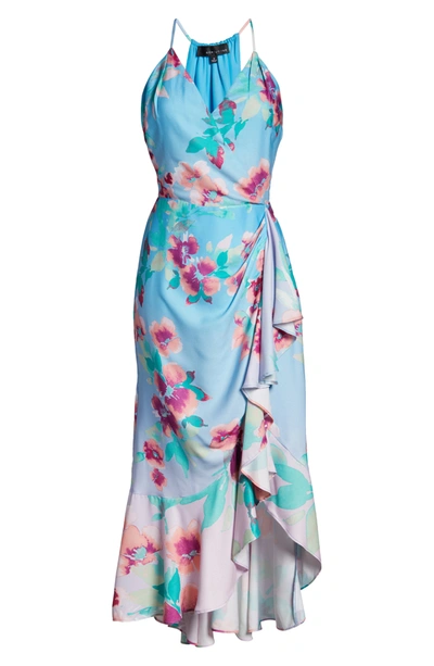 Adelyn Rae Floral Faux Wrap Midi Dress In Crystal Blue Multi