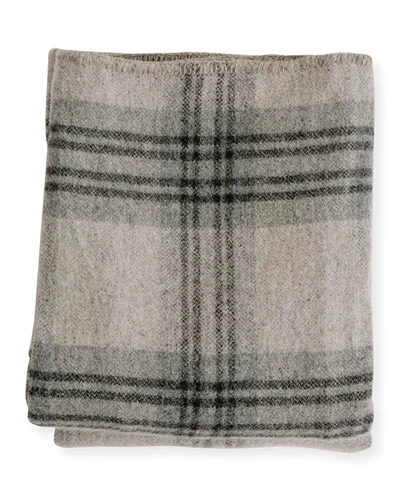 Evangeline Linens Plaid Merino Wool King Blanket, Fog/ledge