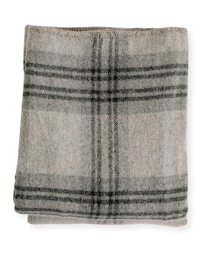 Evangeline Linens Plaid Merino Wool Twin Blanket, Fog/ledge