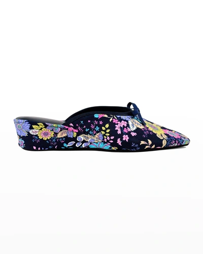 Jacques Levine Floral Bow Wedge Slippers In Blue