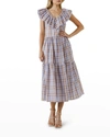 English Factory Plaid Midi Dress With Ruffle Neckline In Purple