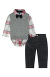 Andy & Evan Babies' Holiday Plaid Shirt, Bow Tie, Vest & Pants Set In Grey/ Red