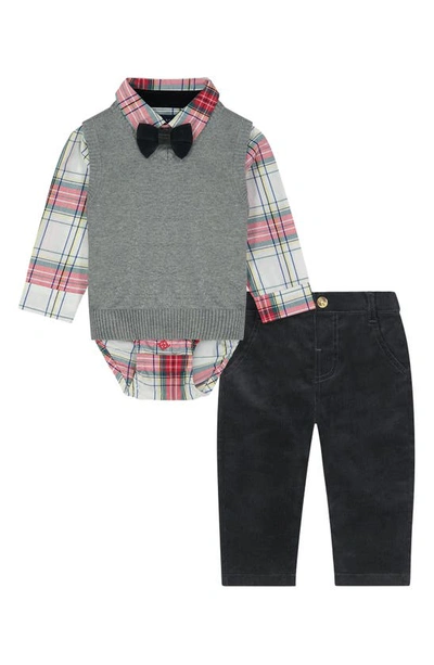 Andy & Evan Babies' Holiday Plaid Shirt, Bow Tie, Waistcoat & Trousers Set In Grey/ Red