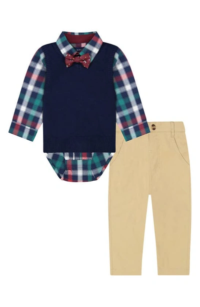 Andy & Evan Babies' Holiday Plaid Shirt, Bow Tie, Waistcoat & Trousers Set In Navy