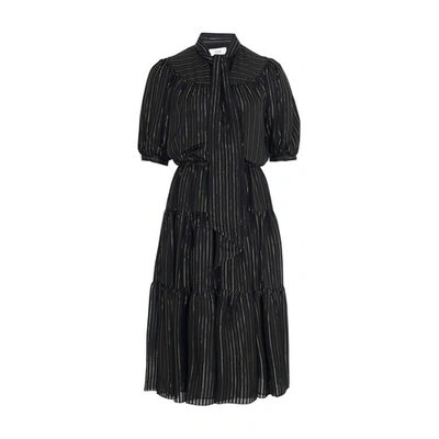 Celine Prairie Dress In Striped Silk Lamé In Black Gold