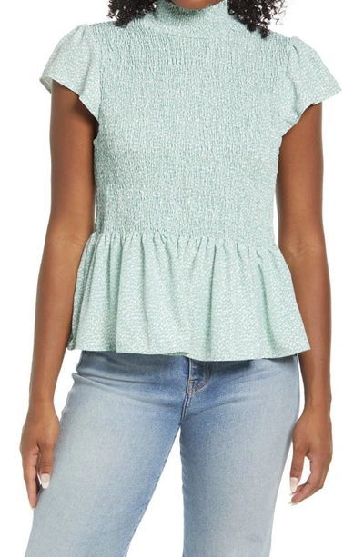 Gibsonlook Smocked Detail Peplum Top In Sage Abstract Animal