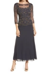 Pisarro Nights Pisaro Nights Beaded Mesh Mock Two-piece Gown In Slate/ Copper