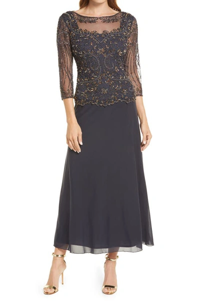 Pisarro Nights Pisaro Nights Beaded Mesh Mock Two-piece Gown In Slate/ Copper