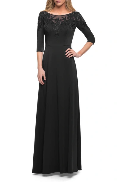 La Femme Embroidered Illusion Neck Gown In Black
