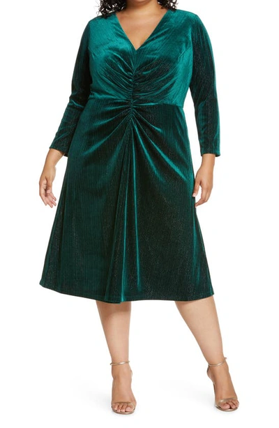 Maggy London Ruched Long Sleeve Velvet Midi Dress In Green