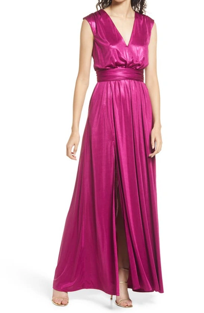 Dress The Population Krista Plunge Neck Side Slit Gown In Pink