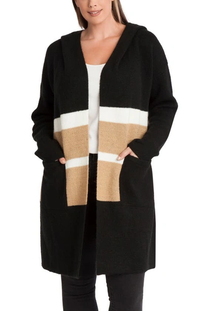Adyson Parker Colorblock Hooded Open Front Long Cardigan In Black Combo K5260