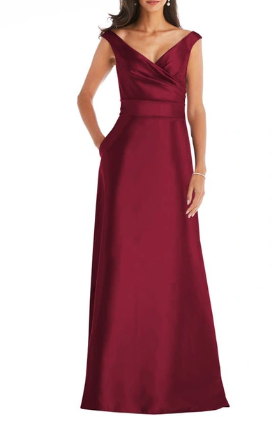 Alfred Sung Off-the-shoulder Satin Gown In Red