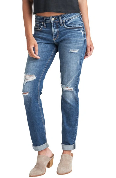 Silver Jeans Co. Ripped Mid Rise Boyfriend Jeans In Indigo